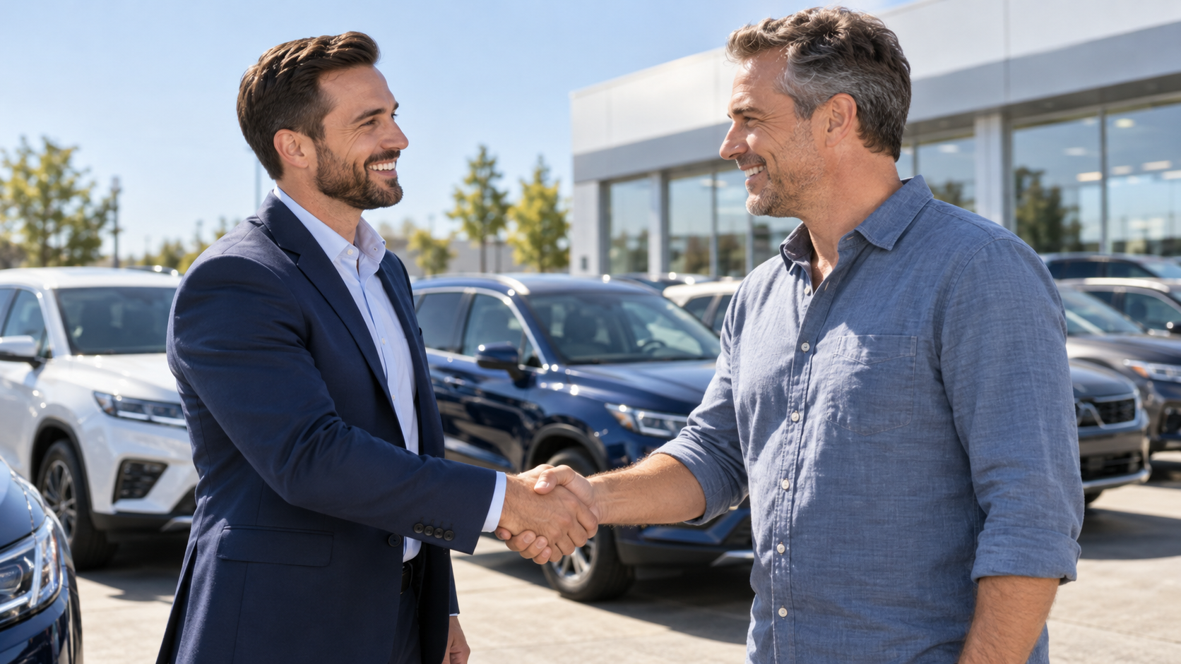 Dealership representative and customer shaking hands after making a vehicle deal